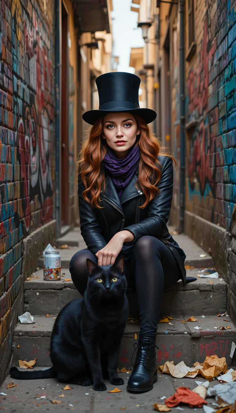 Mulher contemplativa e gato preto em viela grafitada