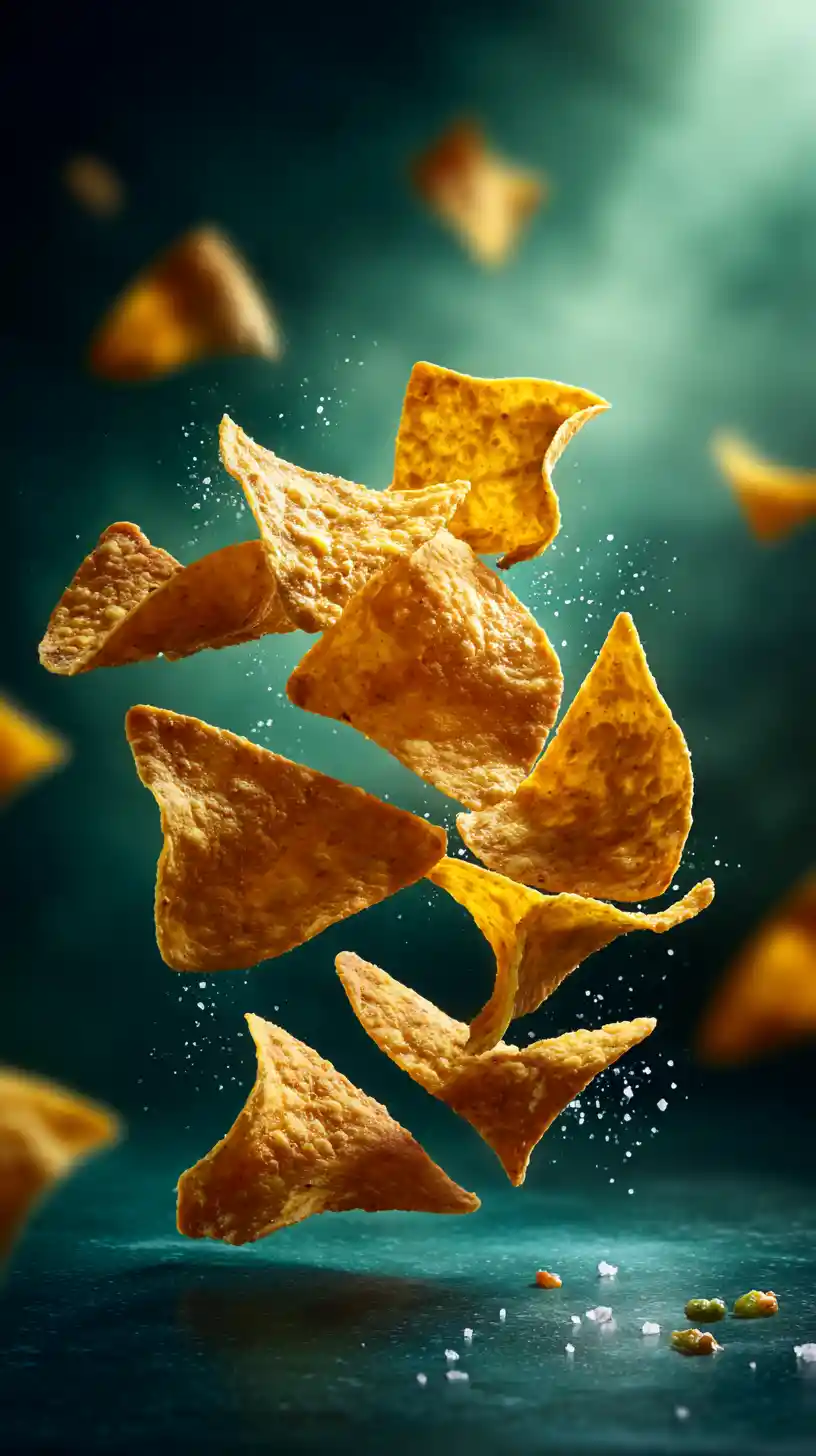 Floating nachos snack package with splashing sauce in studio