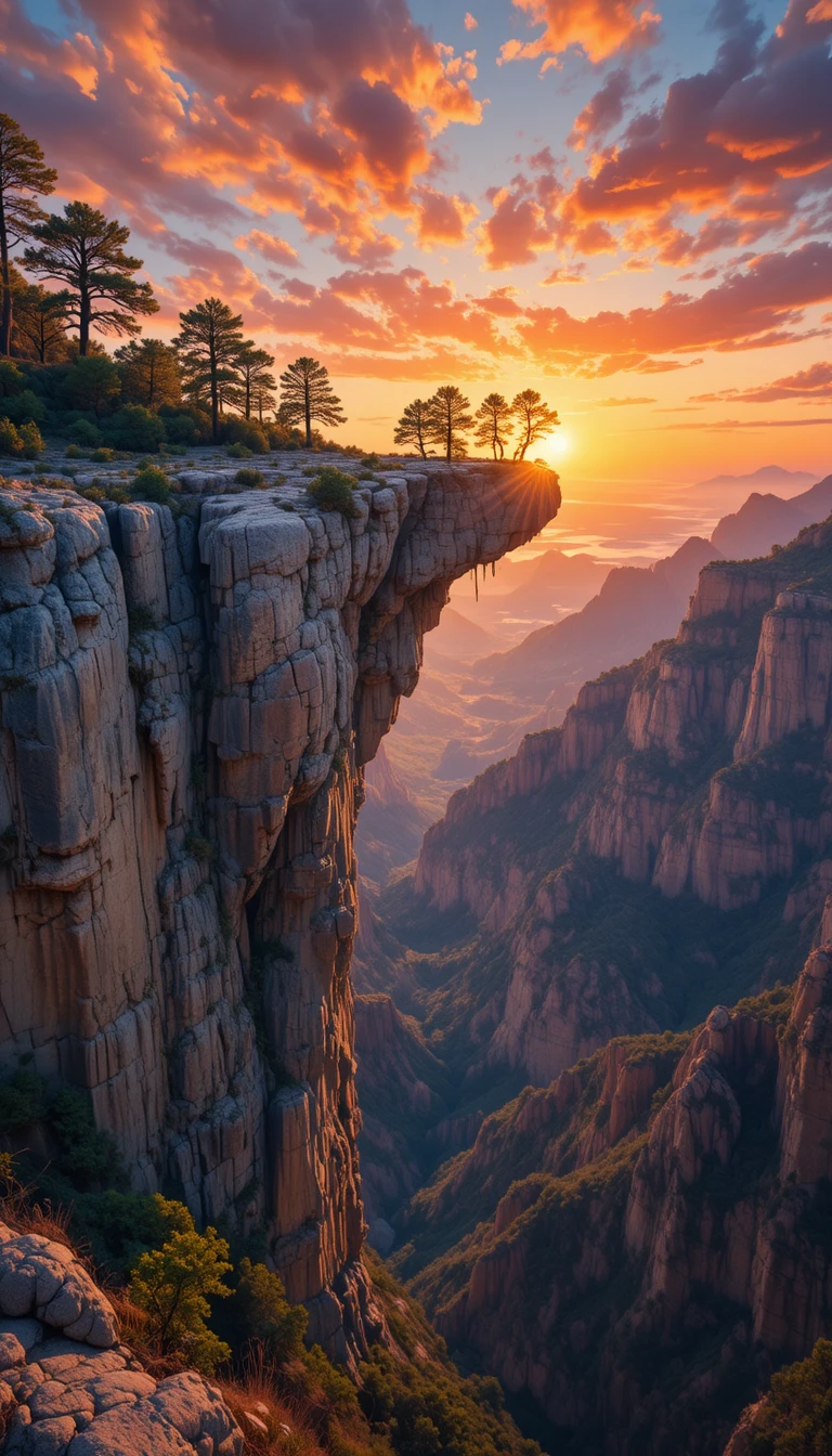 Vista do pôr do sol sobre um imponente arco de rocha acima de um desfiladeiro profundo