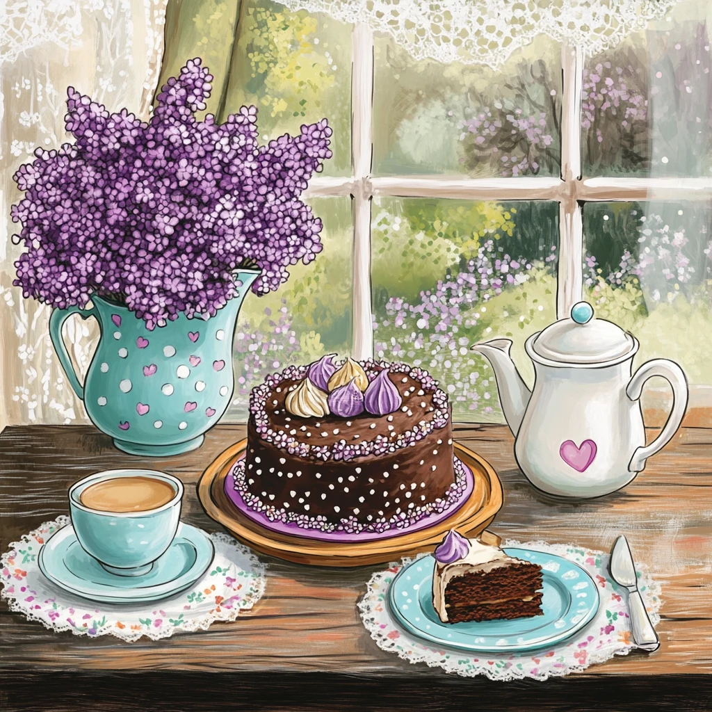 Gemütlicher Sonntags-Kaffeetisch mit Kuchen und Fliederstrauß