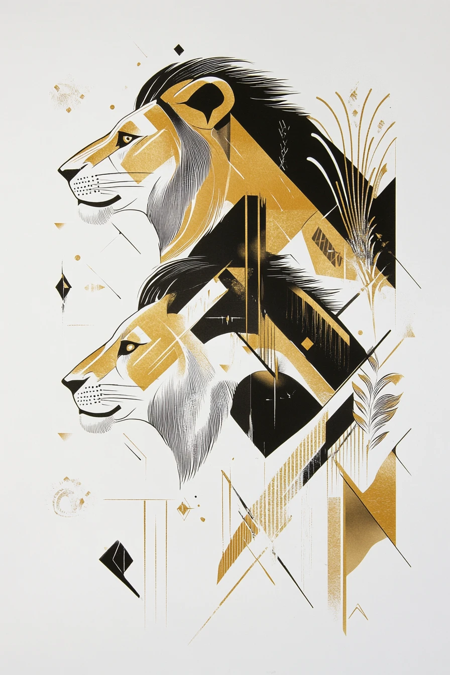 Lions art déco avec ornements géométriques dorés et noirs