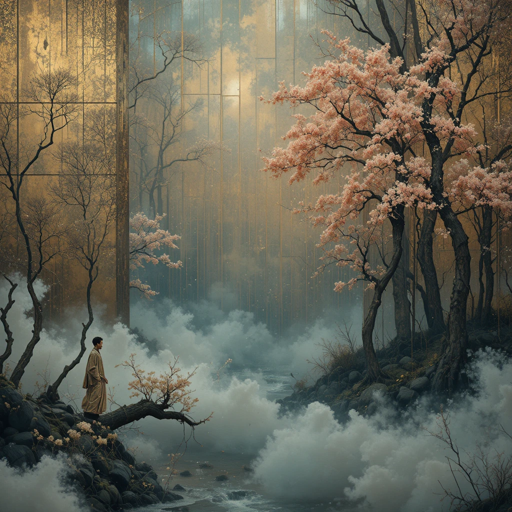 Ethereal abstract geometry over fractured shoji screen light