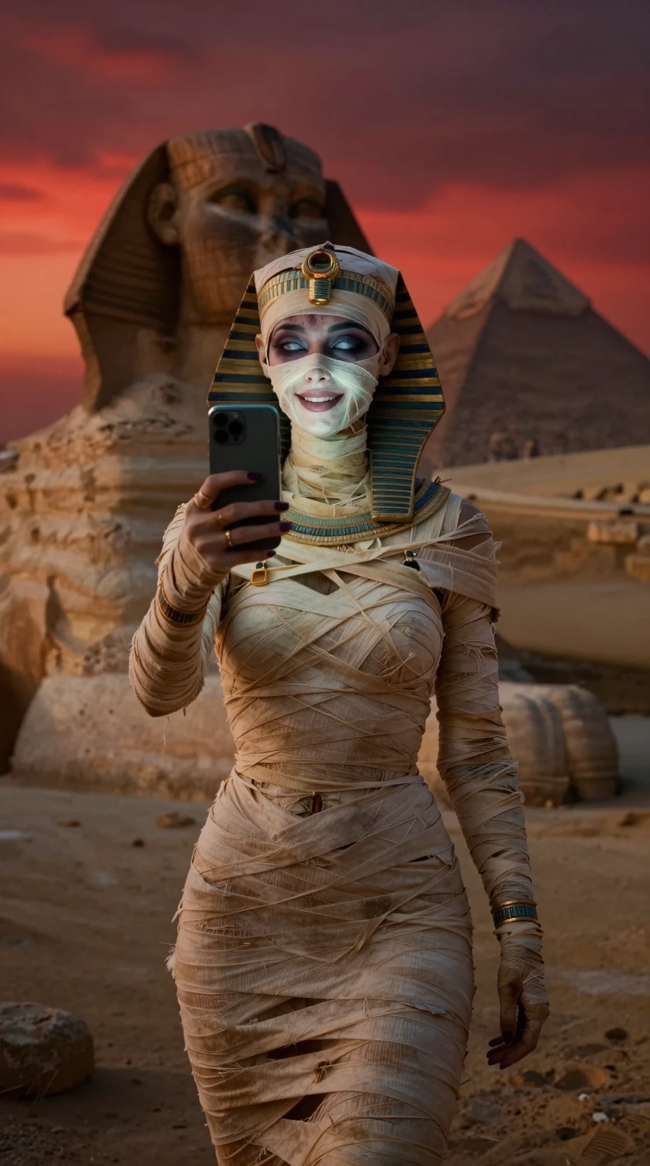 Undead Egyptian queen taking a selfie at the sphinx