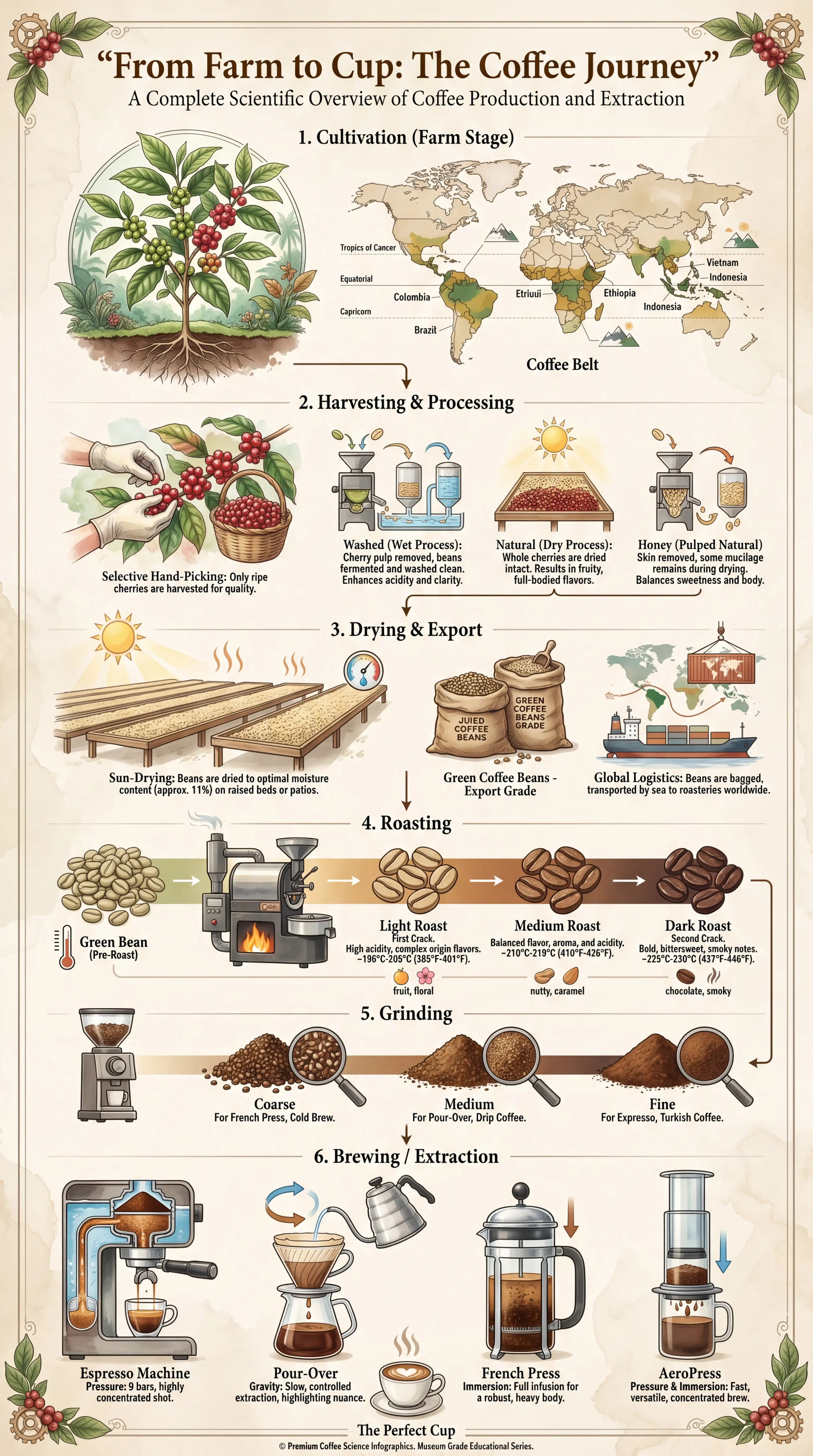 Infografía científica de todo el proceso del recorrido del café