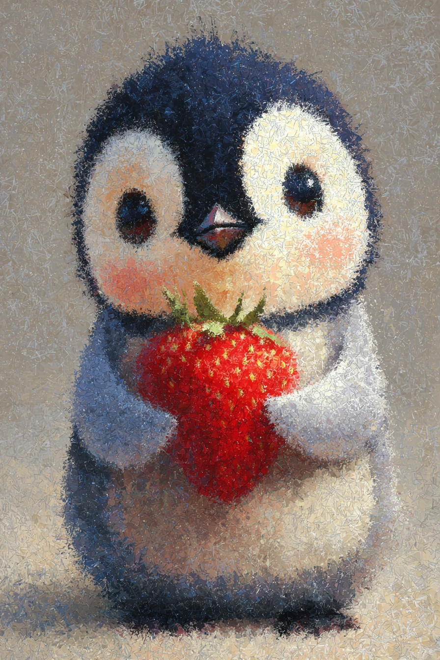 Allegro pinguino piccolo che tiene una fragola rosso brillante
