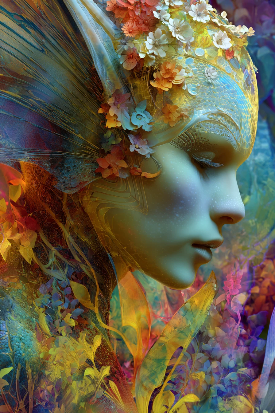 Donna fata cyborg astratta che cammina in un giardino delle fate