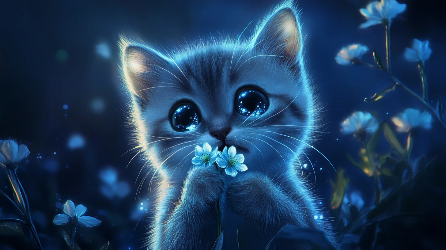 Chaton tout rond avec des fleurs de lune dans la bouche par une nuit lumineuse