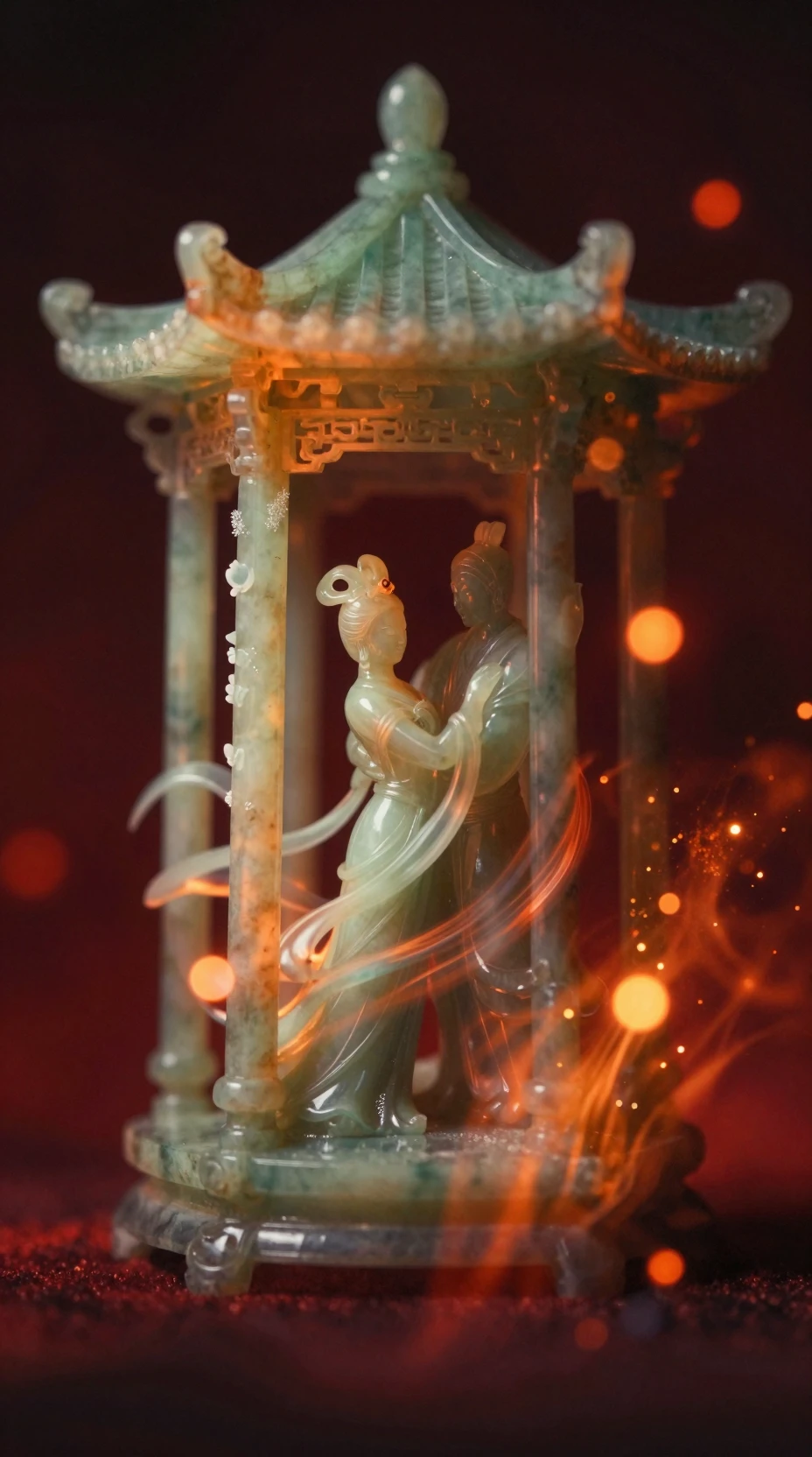 Makroansicht einer leuchtenden Jade-Pavillon-Skulptur mit Umarmung