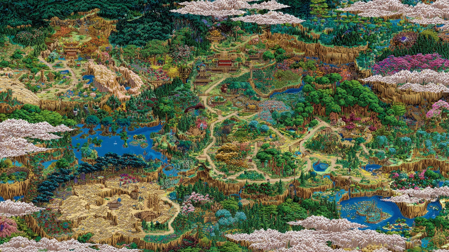 Mapa de fantasía colorido de un mundo imaginario de periódicos japoneses