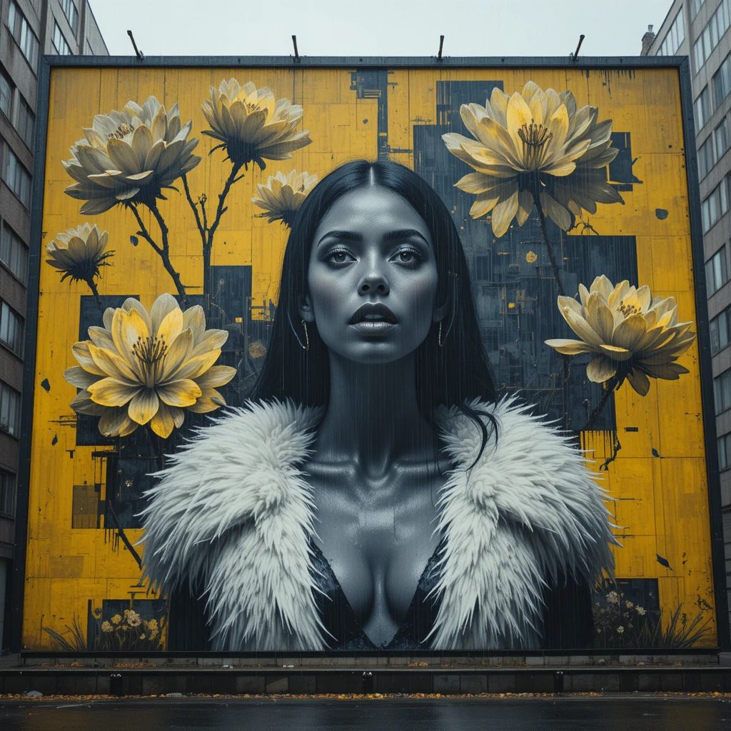 Musa da moda surreal em outdoor retrô brilhante na chuva