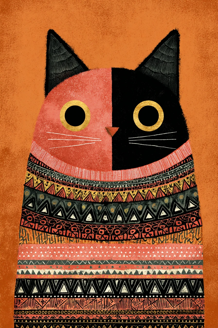 Retrato geométrico folk art de um gato bicolor
