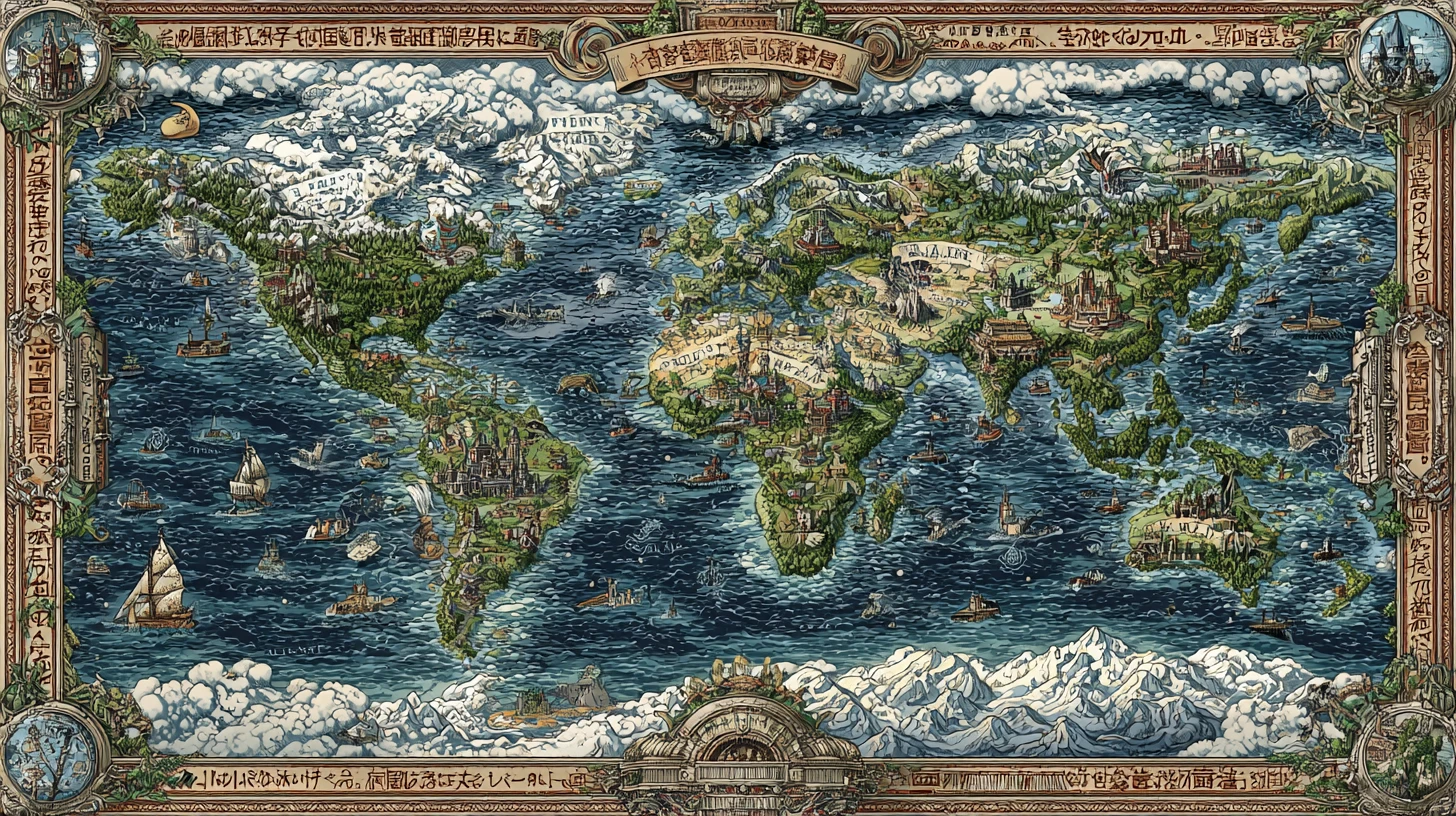 Mapa de fantasía colorido de un continente mítico detallado