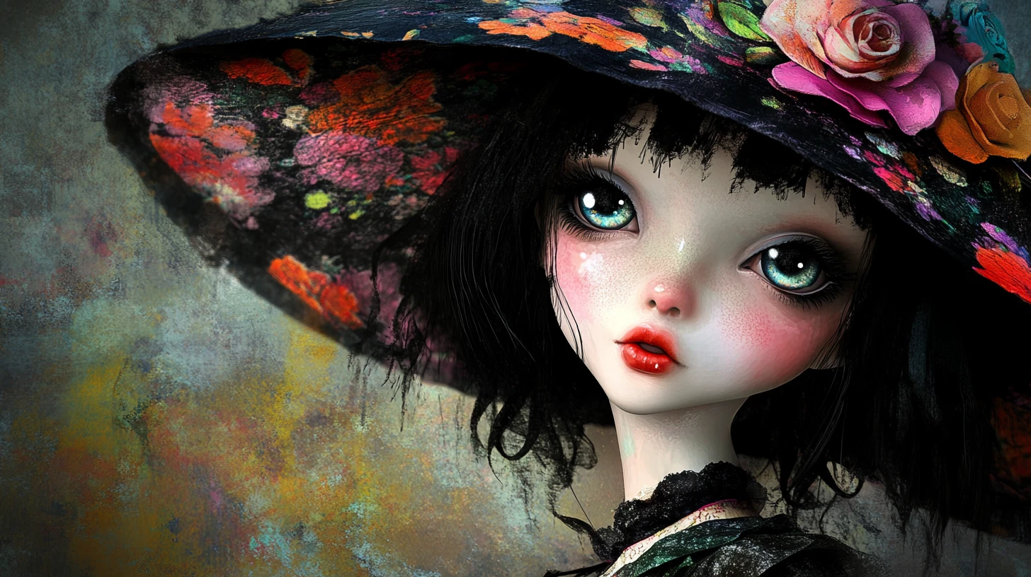 Gothic fairy doll girl with oversized hat and floral outfit