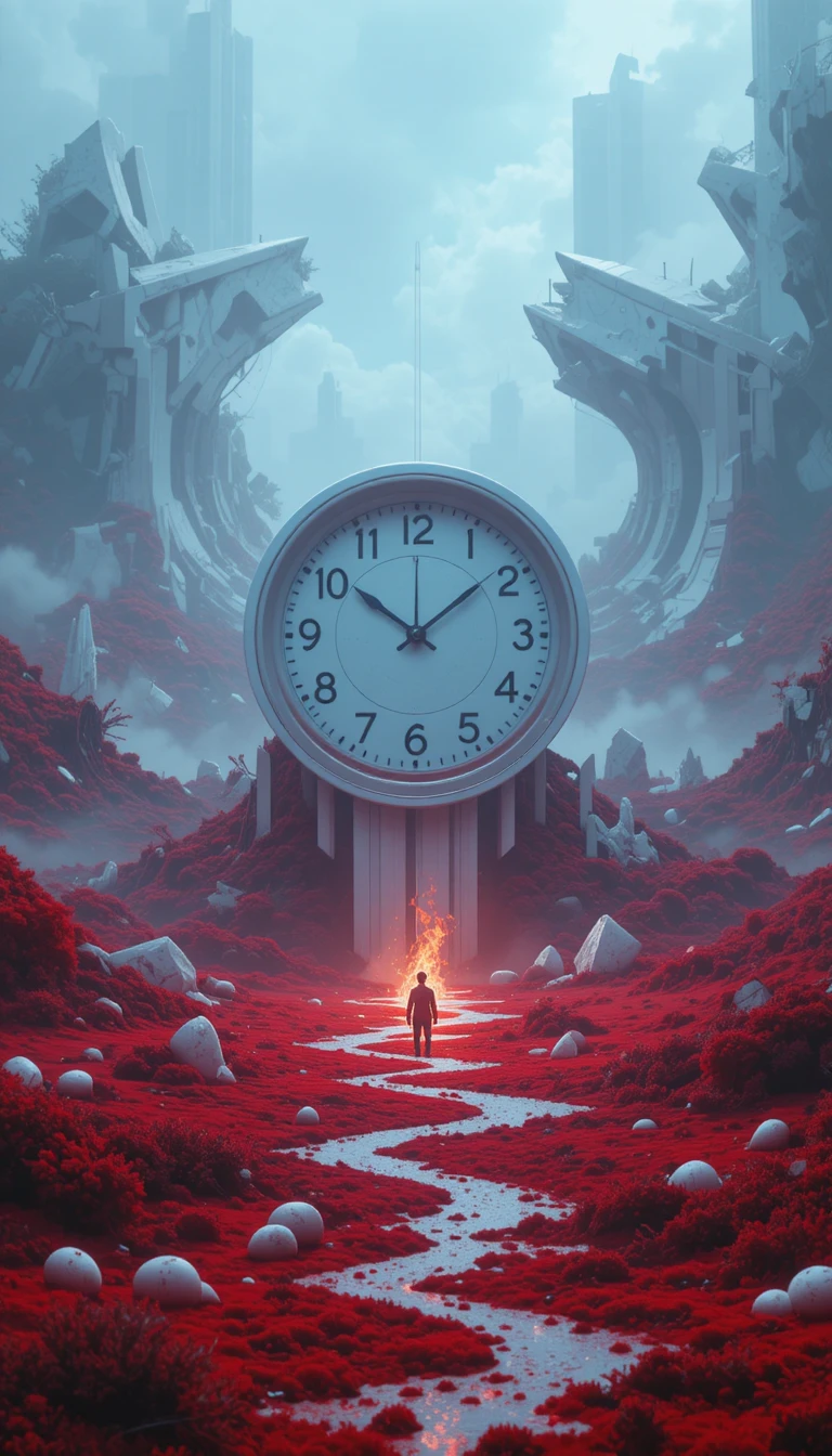 Horloge blanche surréaliste au-dessus d’un paysage de rêve géométrique cramoisi