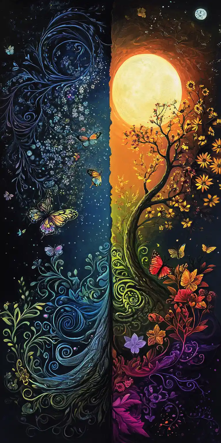 Fairytale diptych of moonlit trees vines and flowers