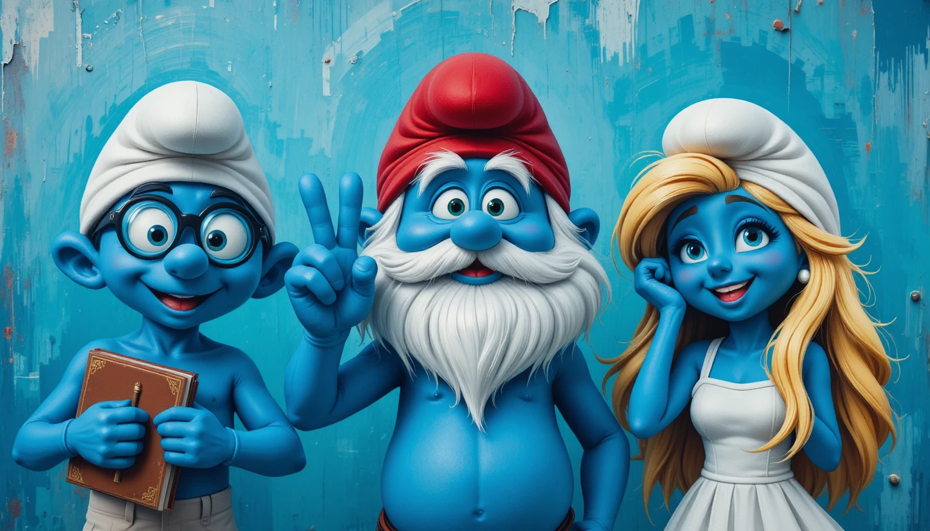 Drei freundliche blaue Cartoonfiguren auf türkisfarbenem Hintergrund