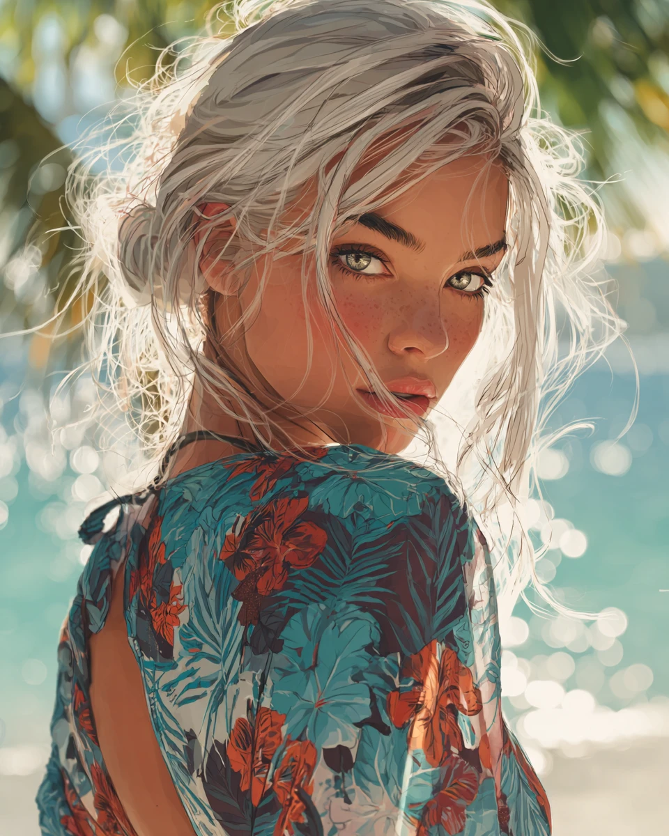 Mystical blonde woman standing on a sunny tropical beach