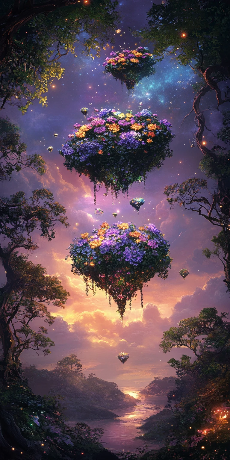 Îles de fleurs flottantes dans un ciel de fantaisie au crépuscule lumineux
