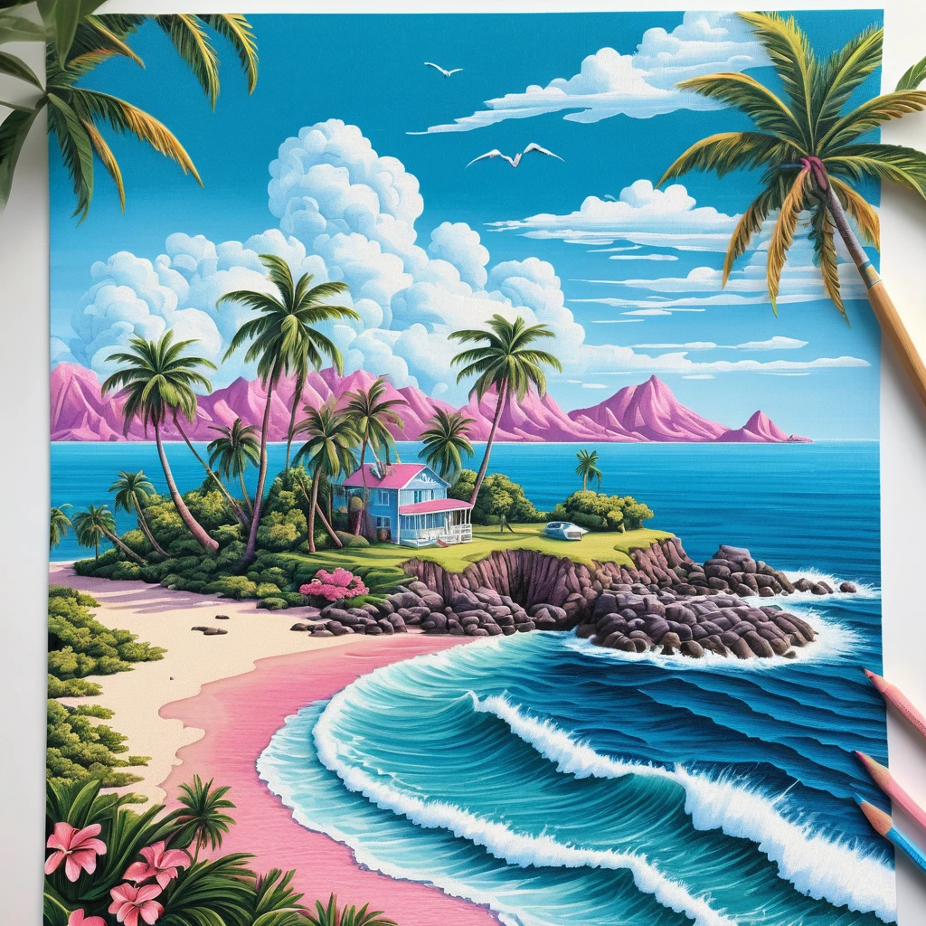 Tropische Insel, umgeben von Wellen unter strahlendem Sommerhimmel