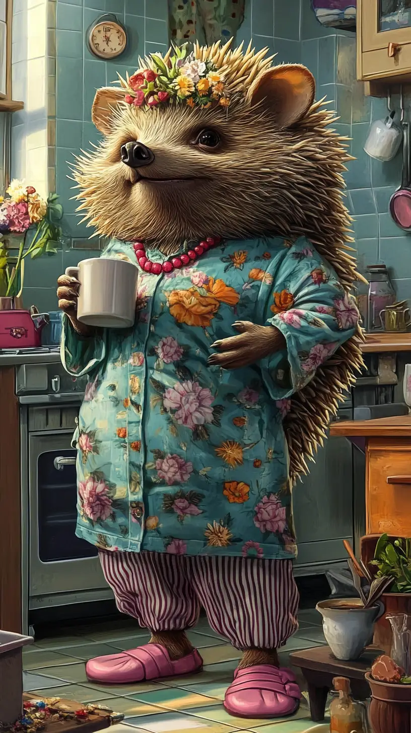 Humorous Cartoon Hedgehog Housewife In A Cozy Kitchen