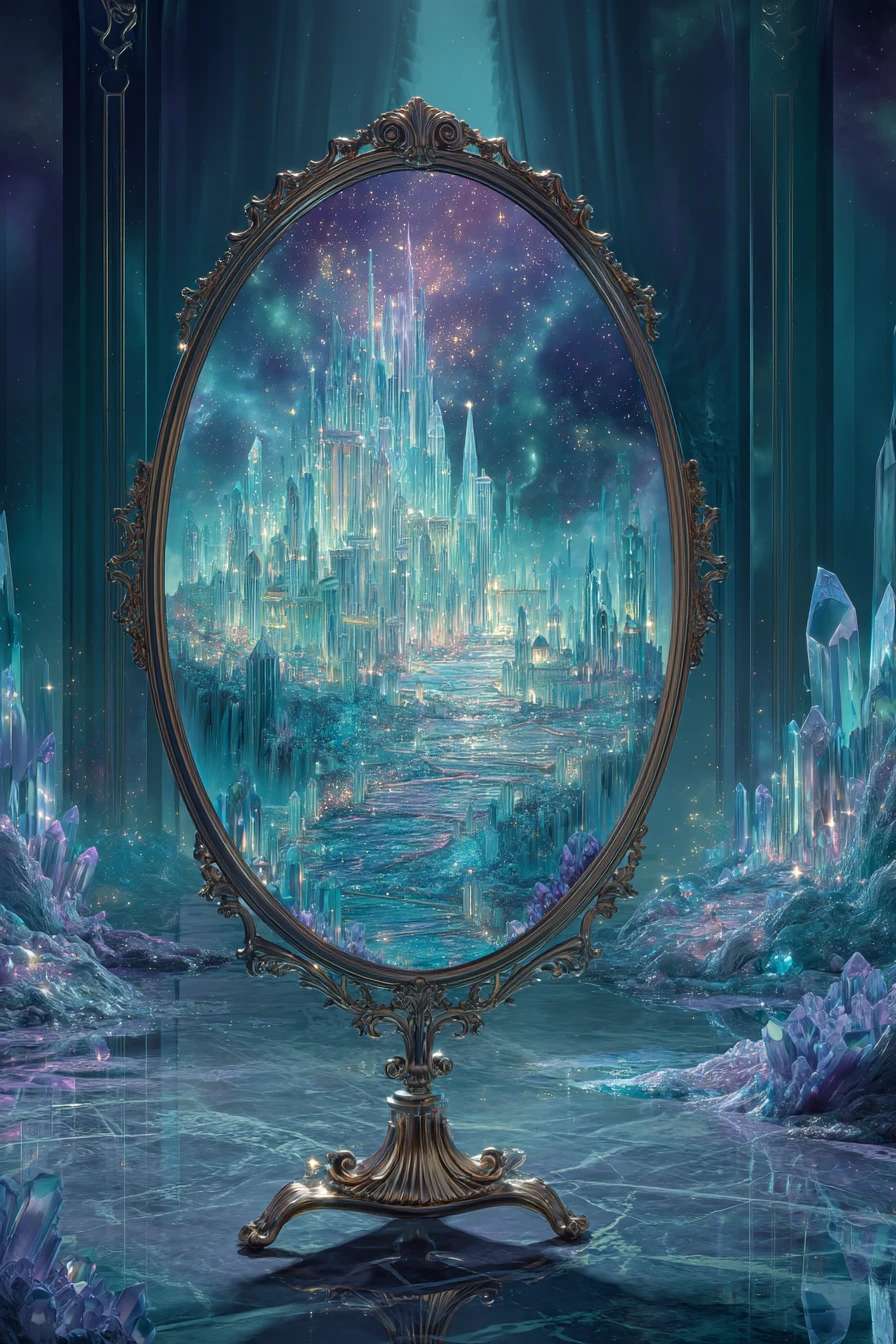 Espelho surreal revelando uma cidade fantástica de cristais luminosos