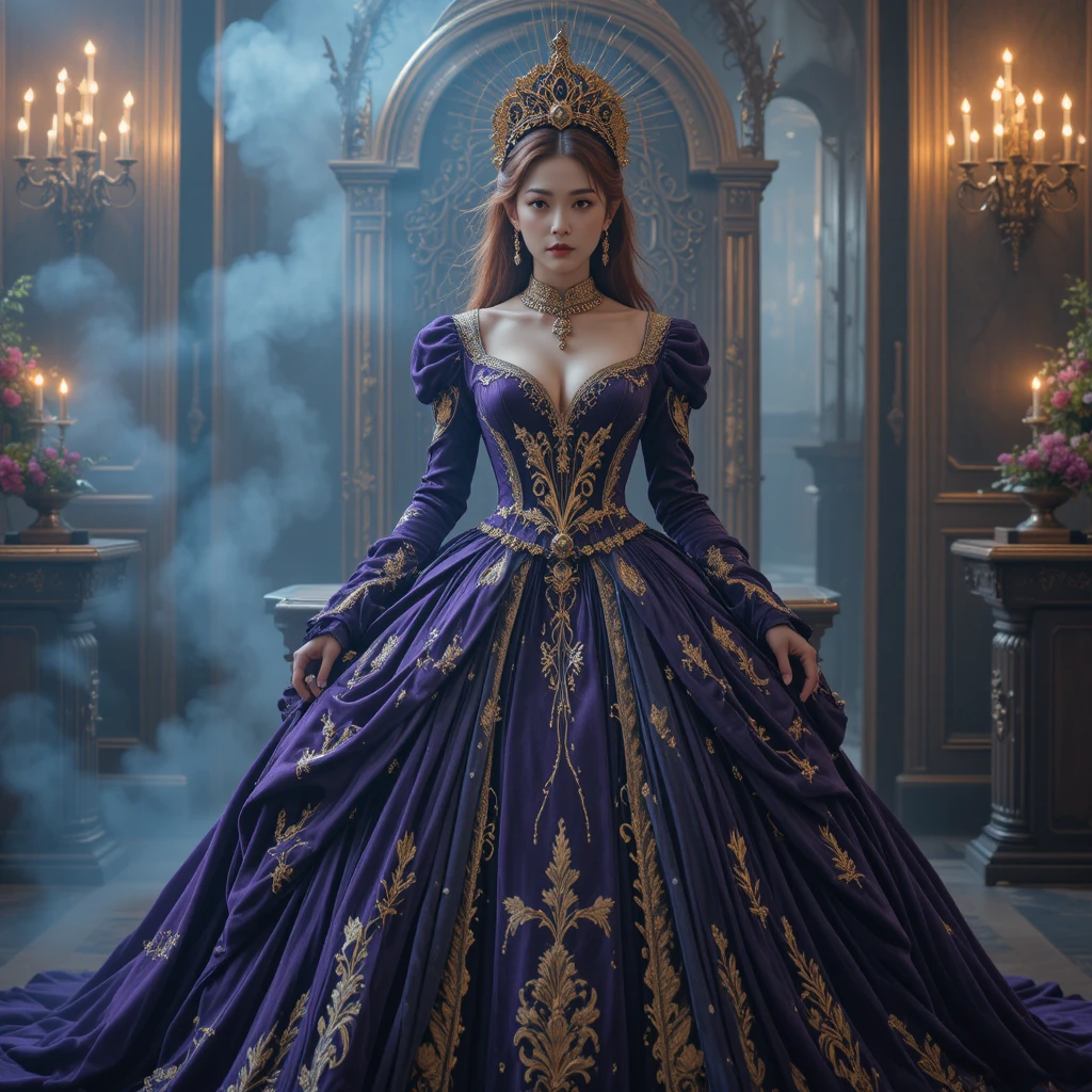 Rainha coreana de fantasia em vestido barroco de veludo à meia-noite