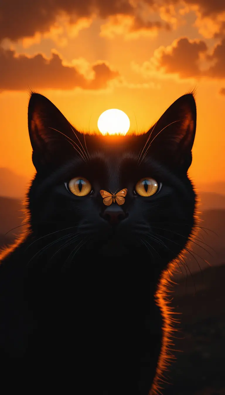 Black cat silhouette with butterfly at glowing sunset sky