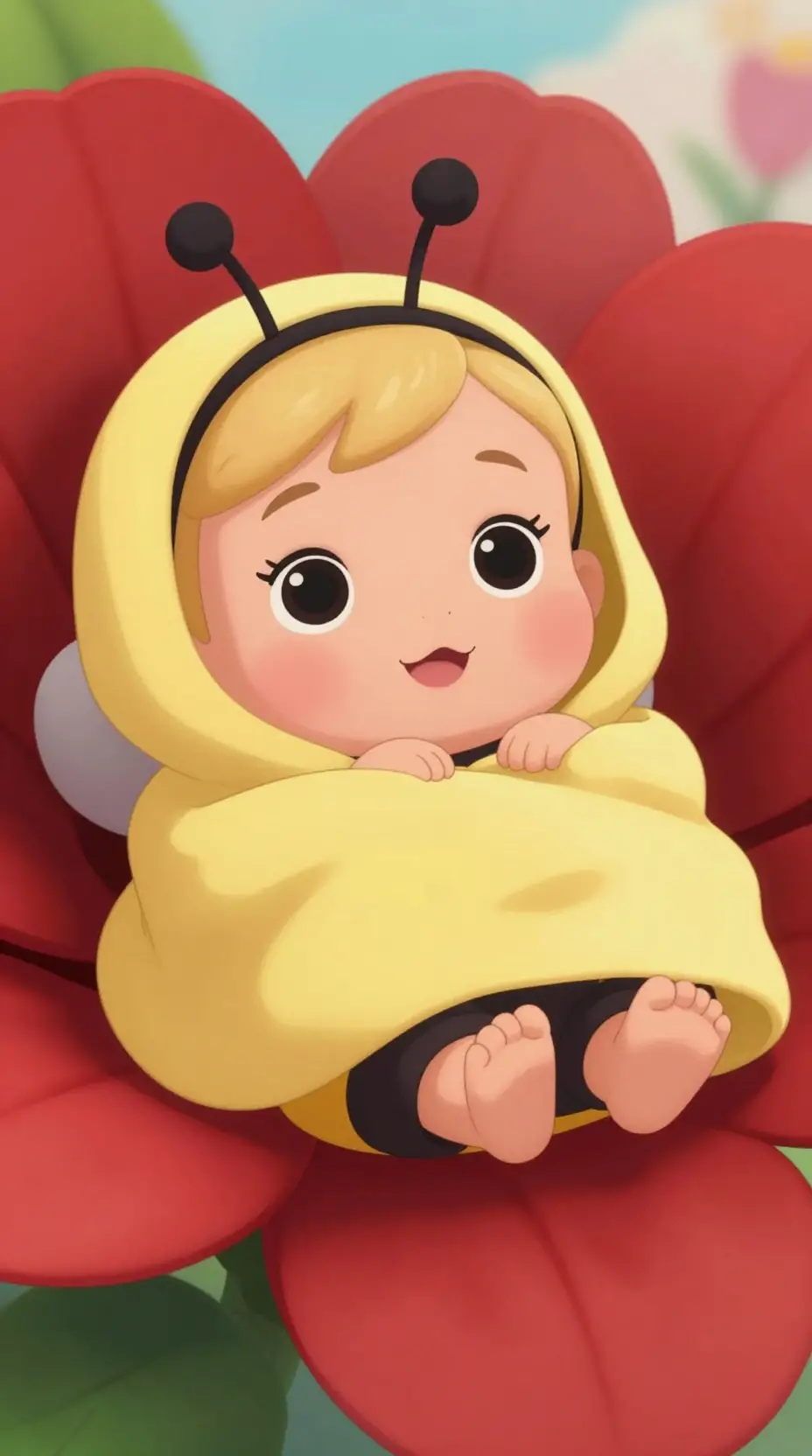 Neonata in stile cartoon vestita da piccola ape su un fiore