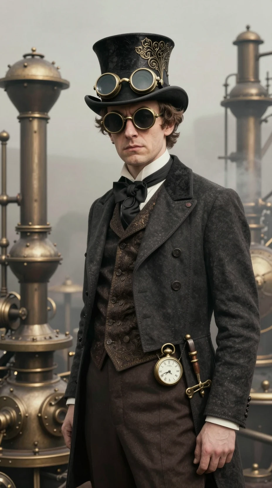 Exzentrischer Steampunk-Gentleman im rauchigen Industrie-Nebel
