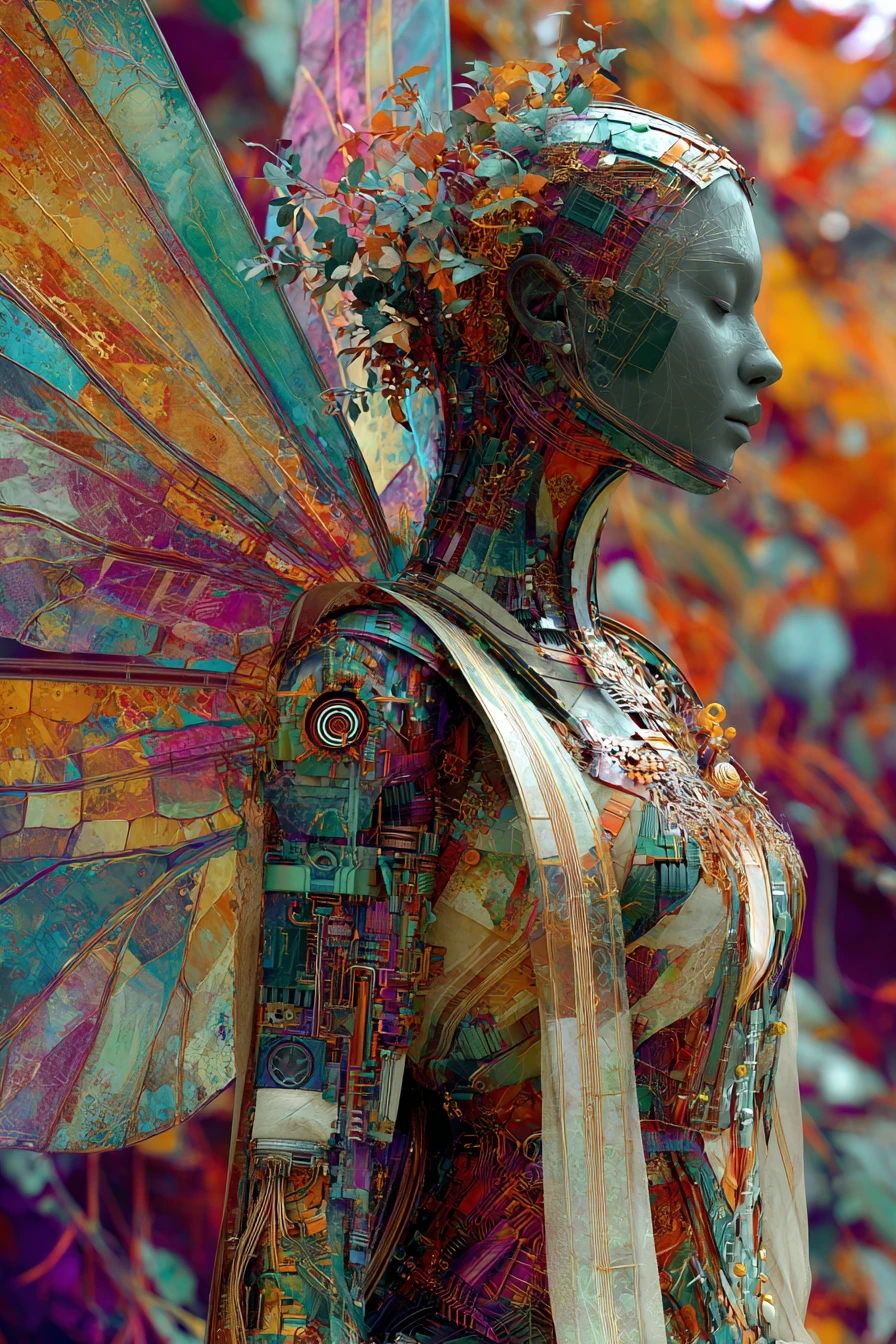 Donna fata cyborg astratta in un colorato giardino fatato