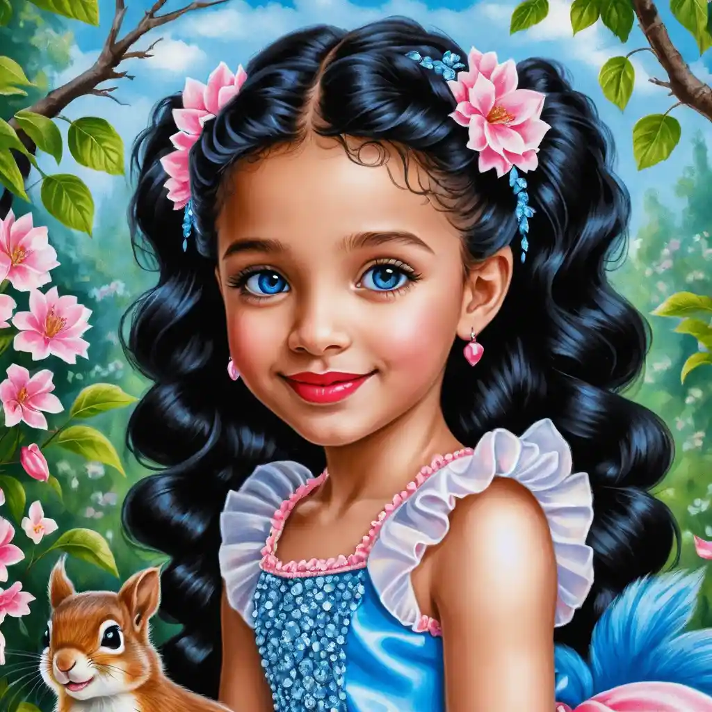Bambina sorridente dagli occhi azzurri con lunghi capelli scuri in abito rosa
