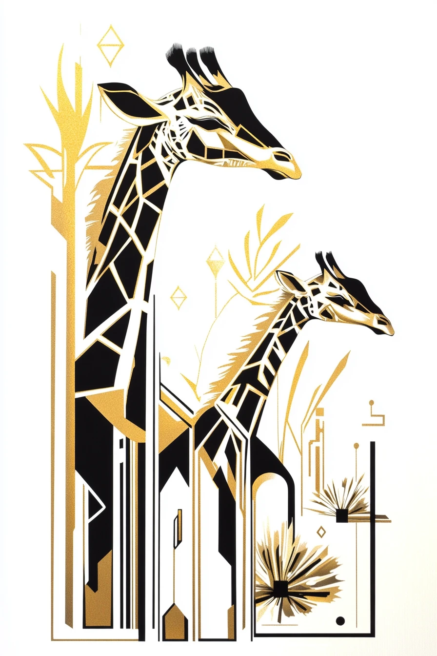 Ilustração de girafa art déco em dourado, preto e branco
