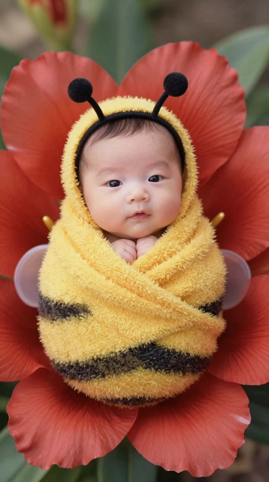 Bebê fofo vestido como uma abelhinha em uma flor