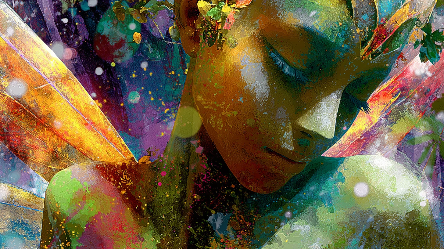 Fata cyborg che cammina in uno strano giardino colorato