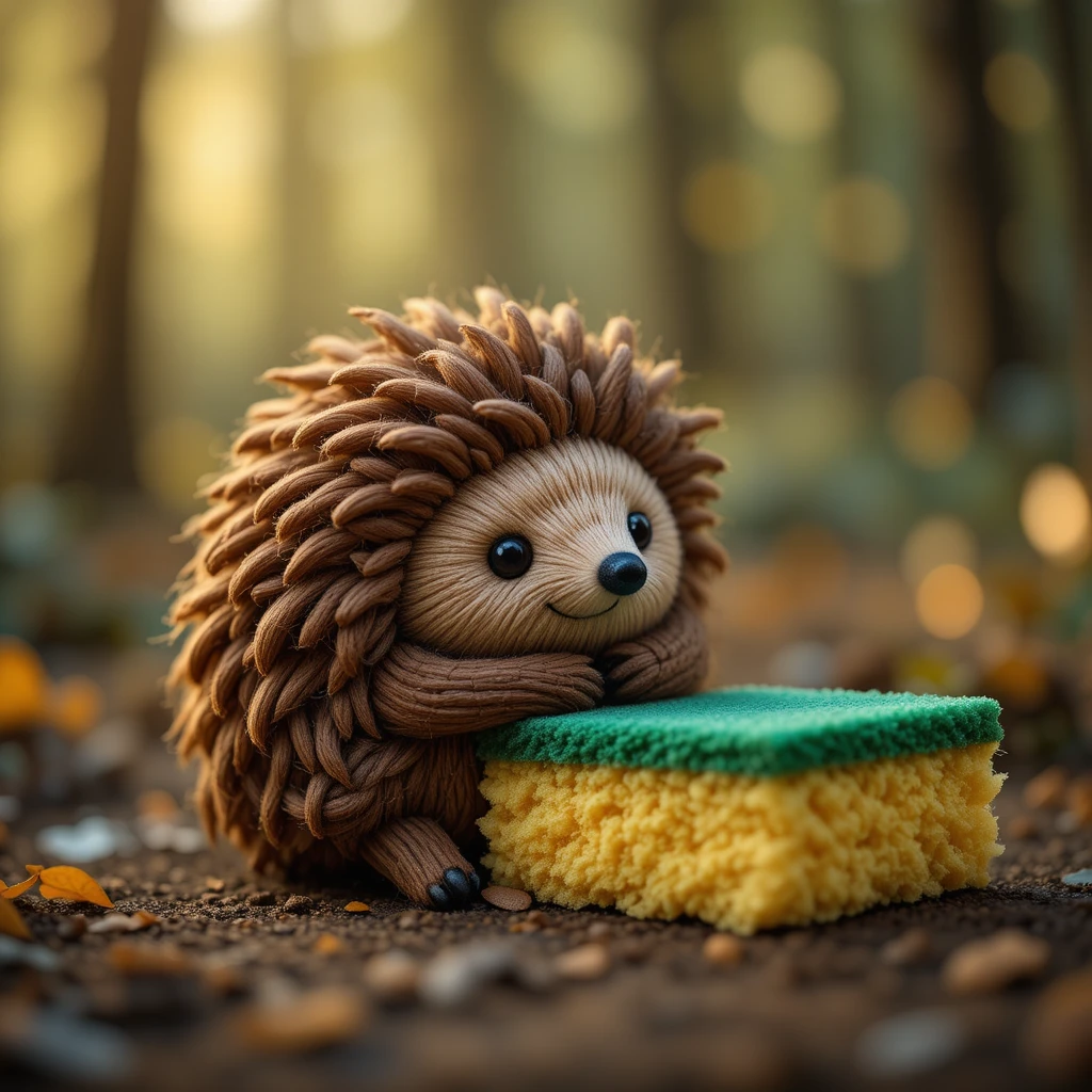 Riccio di peluche lavorato a maglia che abbraccia una spugna da cucina nella foresta