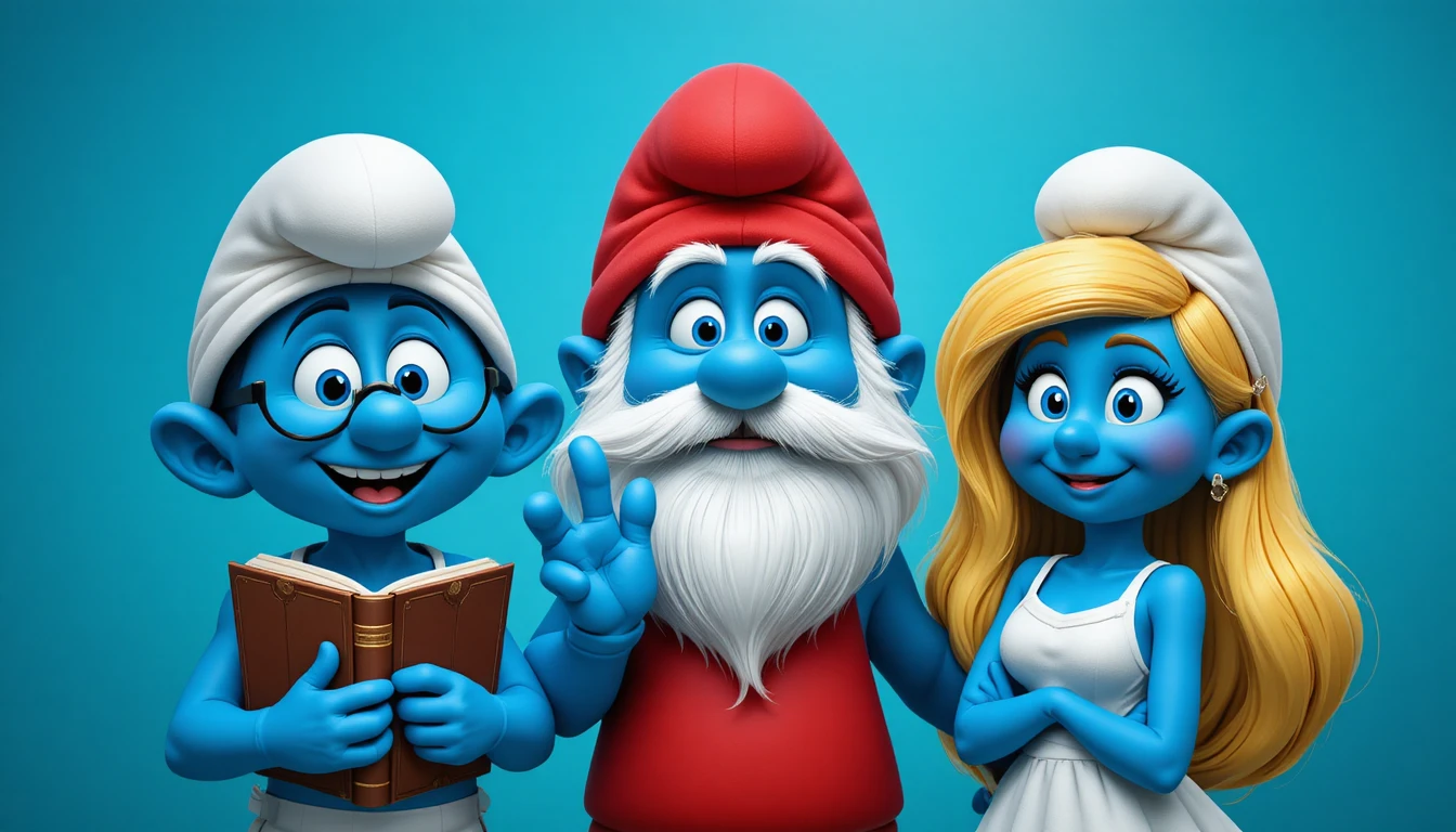 Trois personnages de dessin animé bleus et amicaux sur fond turquoise