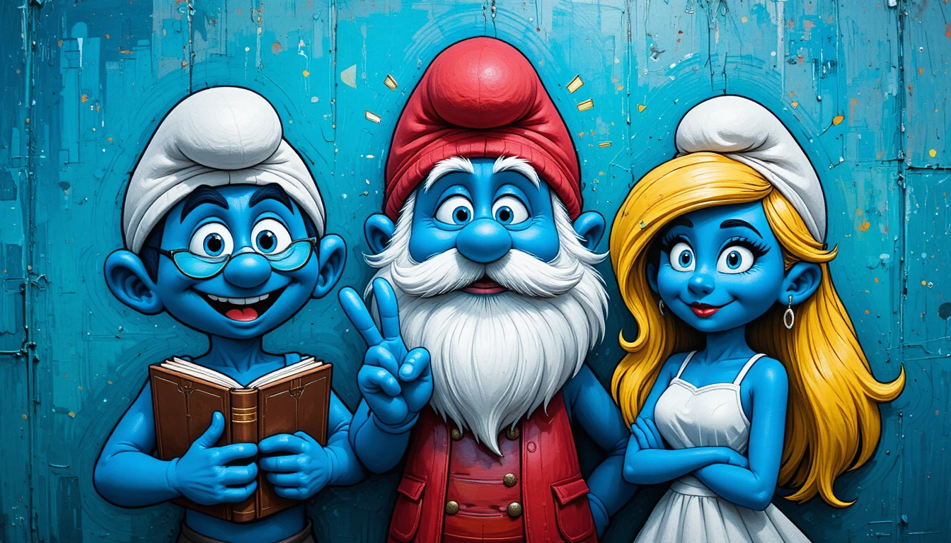 Drei fröhliche blaue Cartoon-Figuren auf türkisfarbenem Hintergrund