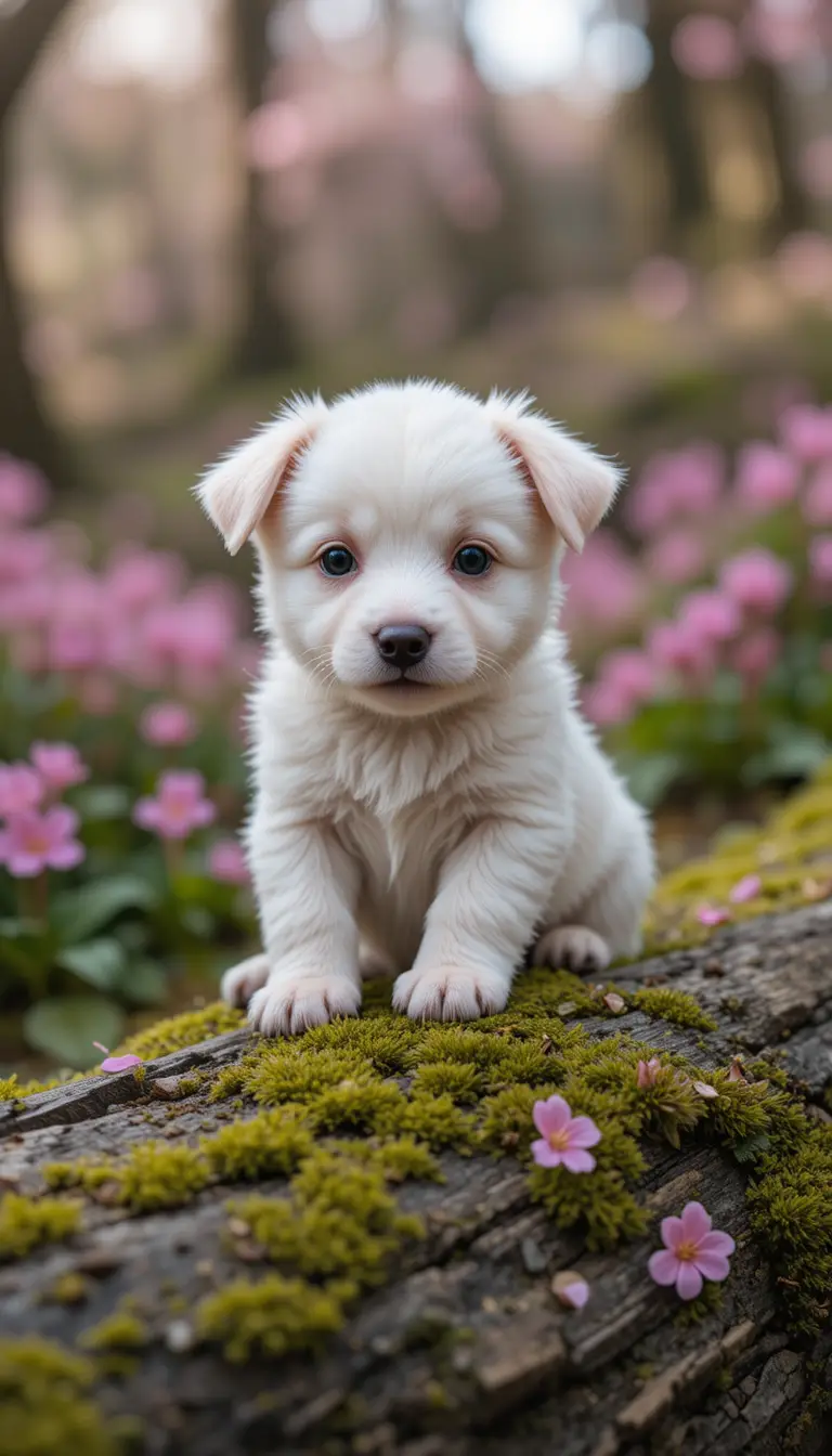 苔むした丸太の上でくつろぐ白い子犬の接写