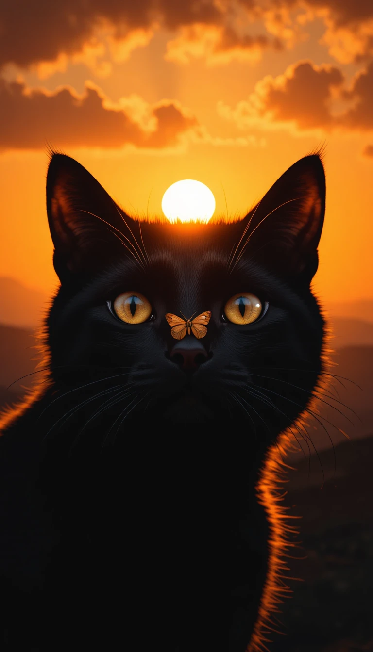 Black cat silhouette with butterfly at glowing sunset sky