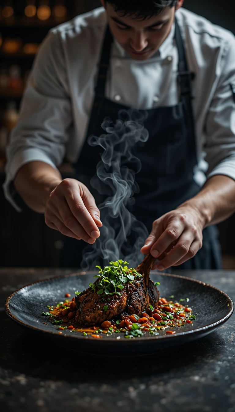 Chef finalizando prato de carne fumegante em cozinha com clima intimista