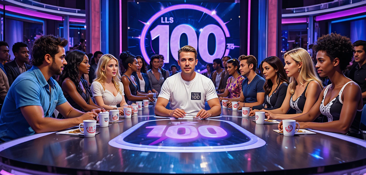Concorrentes diversos sentados ao redor de uma mesa em estúdio de game show