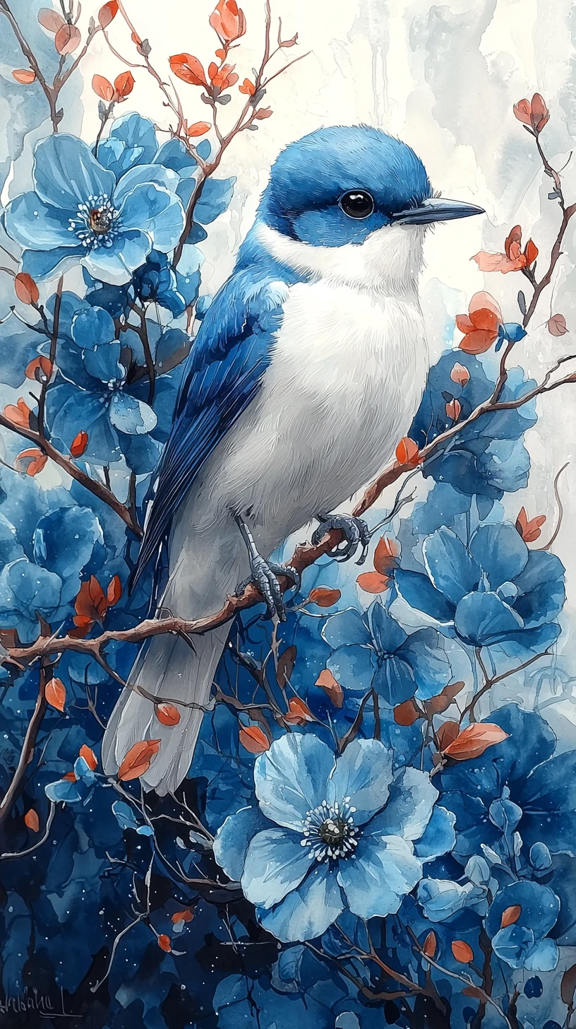Pássaro em aquarela azul-clara entre flores geladas ornamentadas