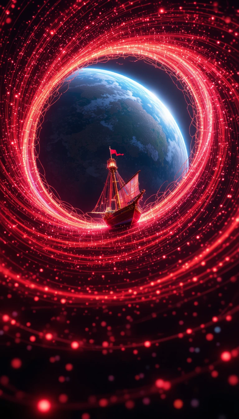 Segelboot, das durch rote Lichter über dem Planeten Erde spiralt