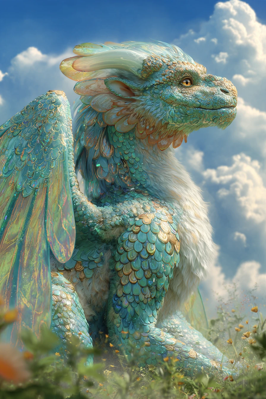 Drago-leone mitico e giocoso sotto un luminoso cielo primaverile