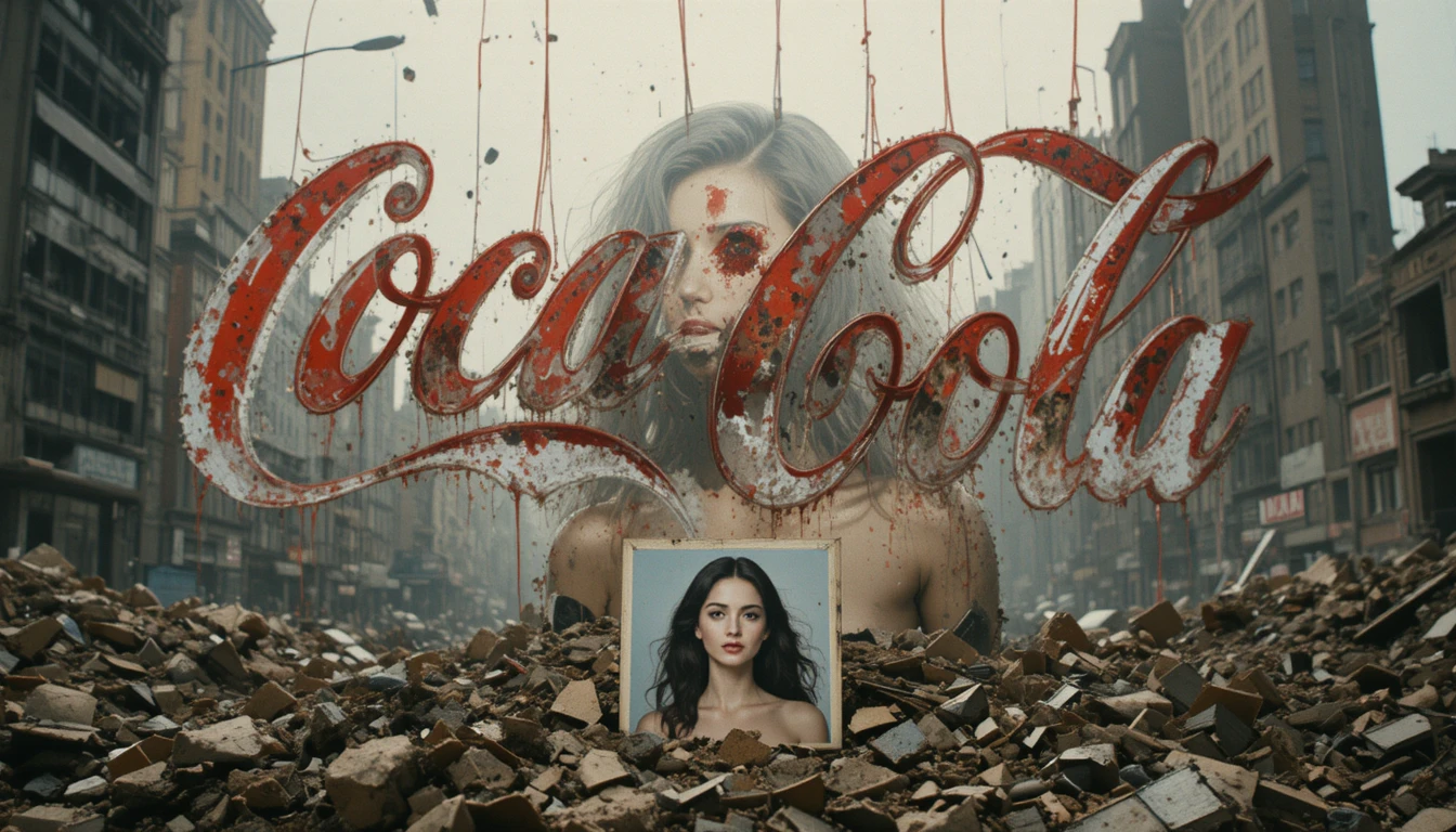 Brunette woman in gritty city Coke style poster scene