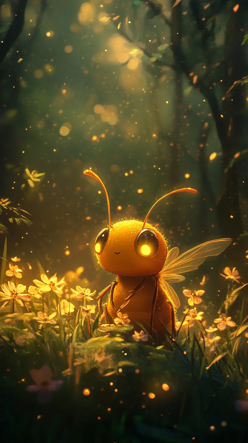 森の花々の中で休む優しいスズメバチのキャラクター