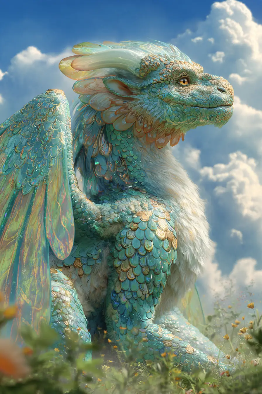 明亮春天空下嬉戲的神話龍獅