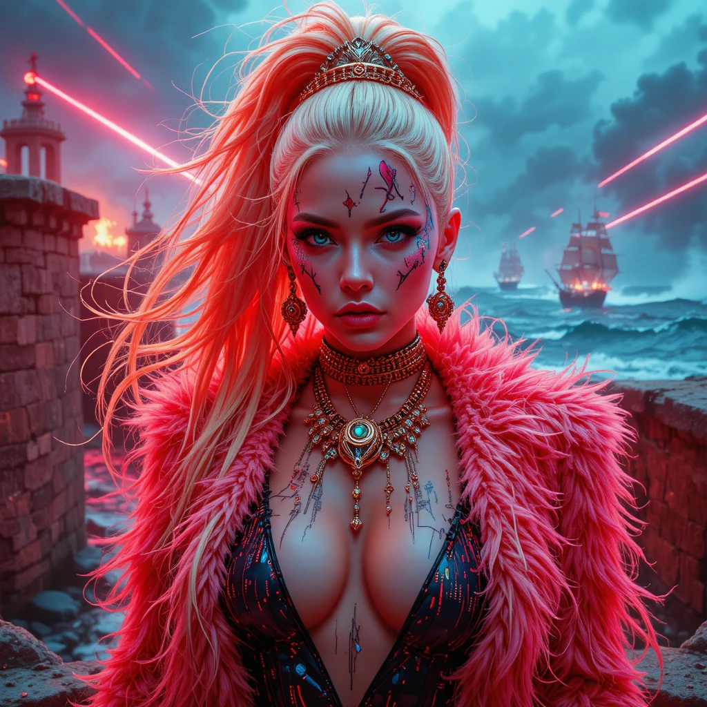Cyberpunk pirate queen in neon lit storm fortress portrait