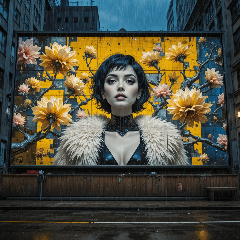 Musa fashion surreal em outdoor glam retrô na cidade encharcada de chuva
