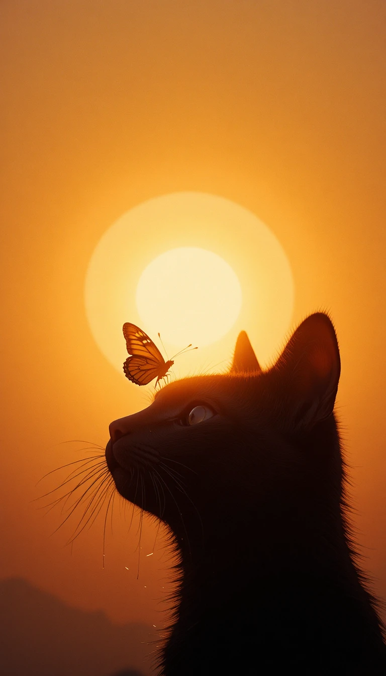 Silhueta de gato preto com borboleta ao pôr do sol brilhante